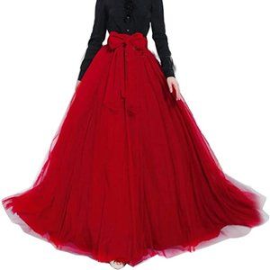 Maxi Puffy Tulle Skirt with Bowknot Belt Red S001